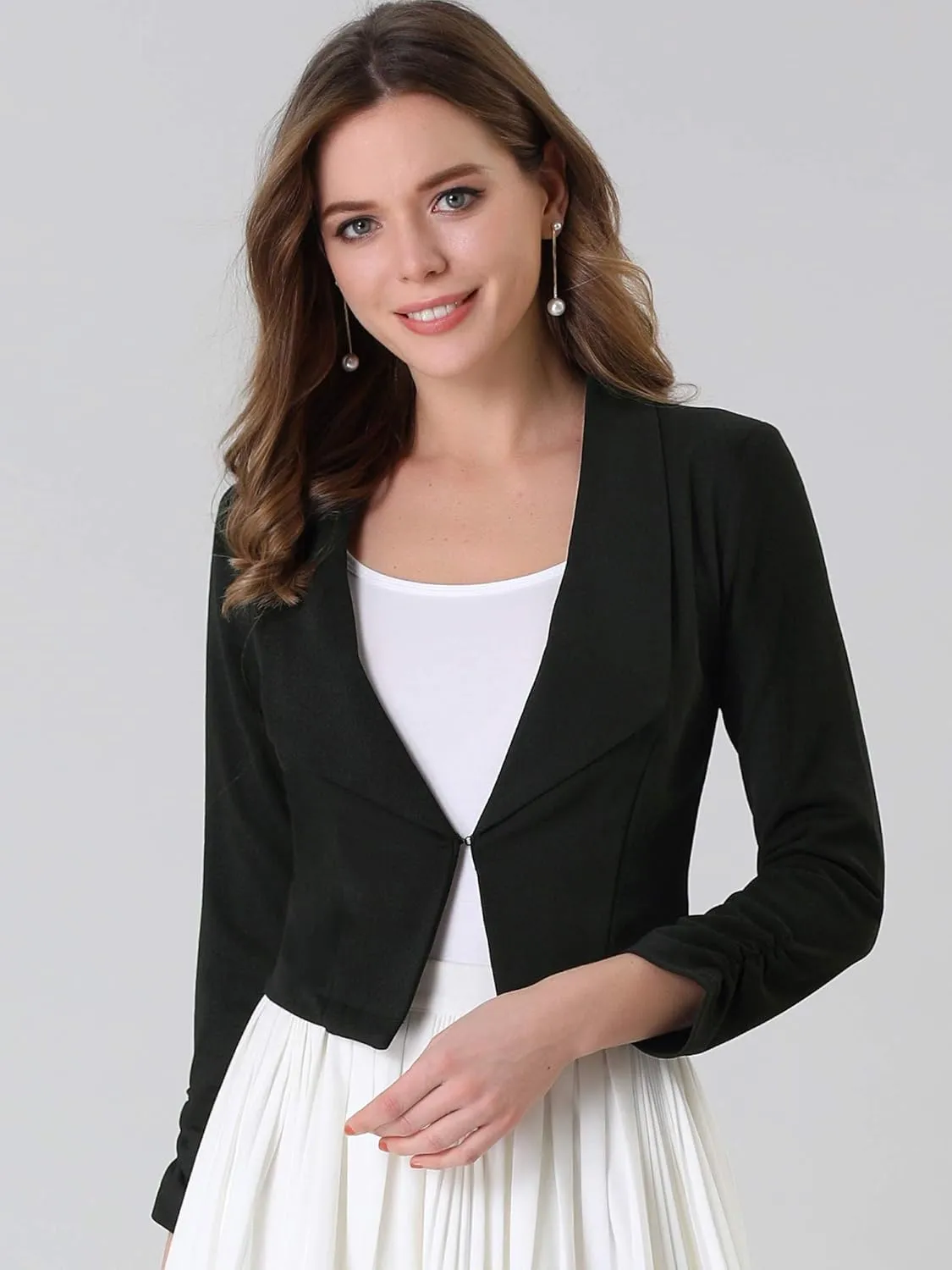 Allegra K Women's Notched Lapel Ruched Sleeve Jackets Business Cropped Blazer