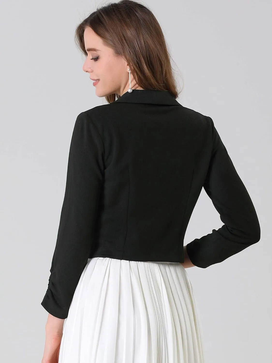 Allegra K Women's Notched Lapel Ruched Sleeve Jackets Business Cropped Blazer