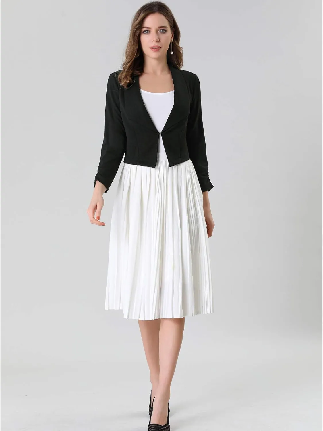Allegra K Women's Notched Lapel Ruched Sleeve Jackets Business Cropped Blazer