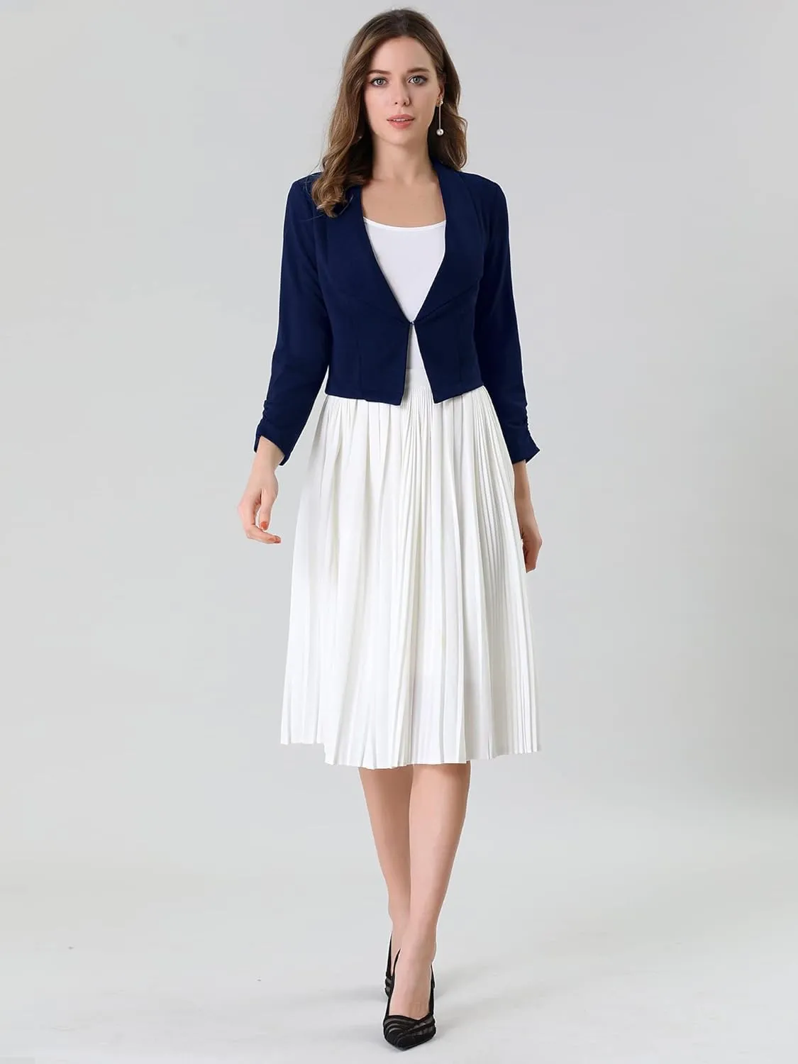 Allegra K Women's Notched Lapel Ruched Sleeve Jackets Business Cropped Blazer