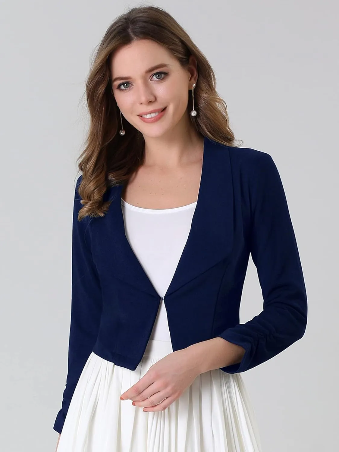 Allegra K Women's Notched Lapel Ruched Sleeve Jackets Business Cropped Blazer