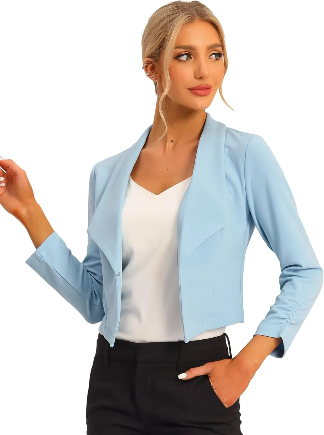 Allegra K Women's Notched Lapel Ruched Sleeve Jackets Business Cropped Blazer
