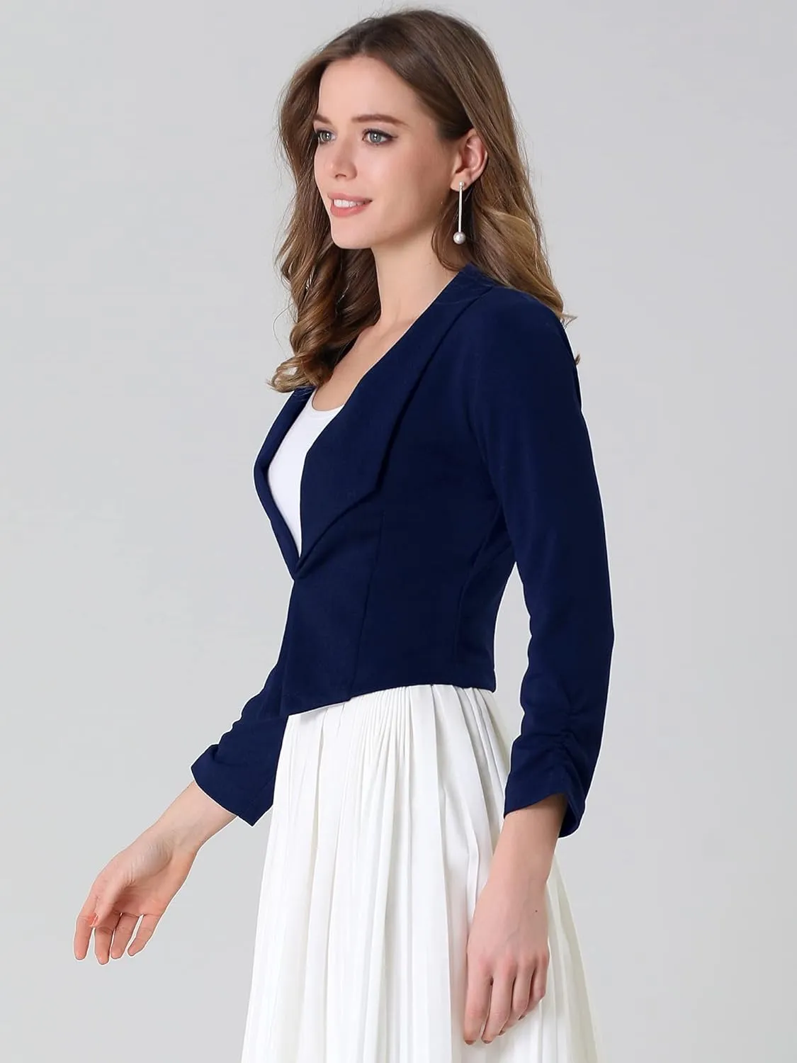 Allegra K Women's Notched Lapel Ruched Sleeve Jackets Business Cropped Blazer