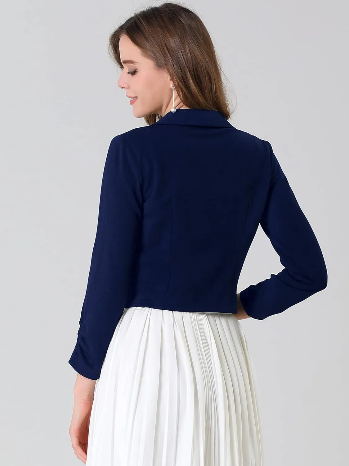 Allegra K Women's Notched Lapel Ruched Sleeve Jackets Business Cropped Blazer