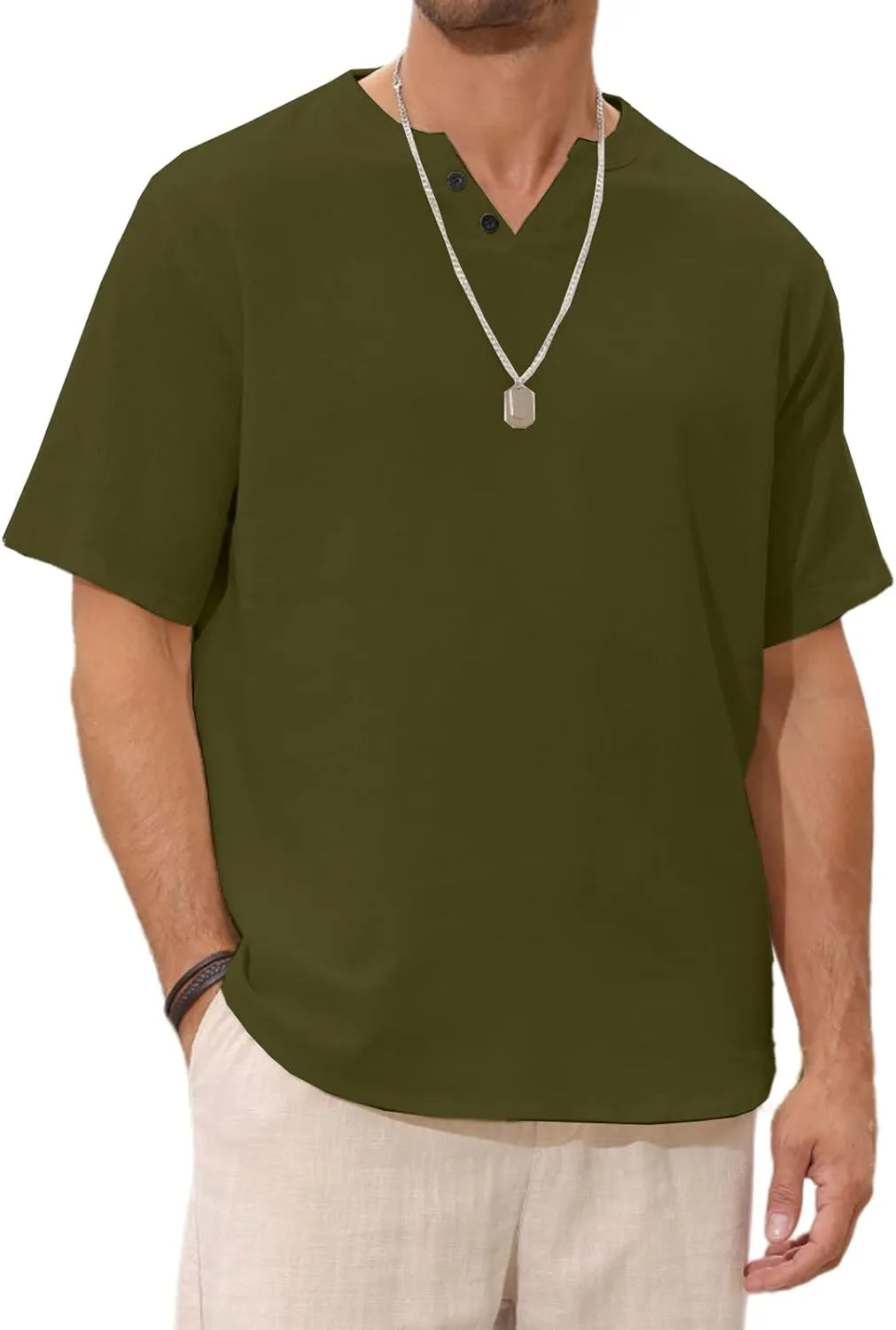 Angbater Men's Linen Shirt Short Beach Hippie T Shirts Casual Summer Lightweight Tropical Henley Shirts
