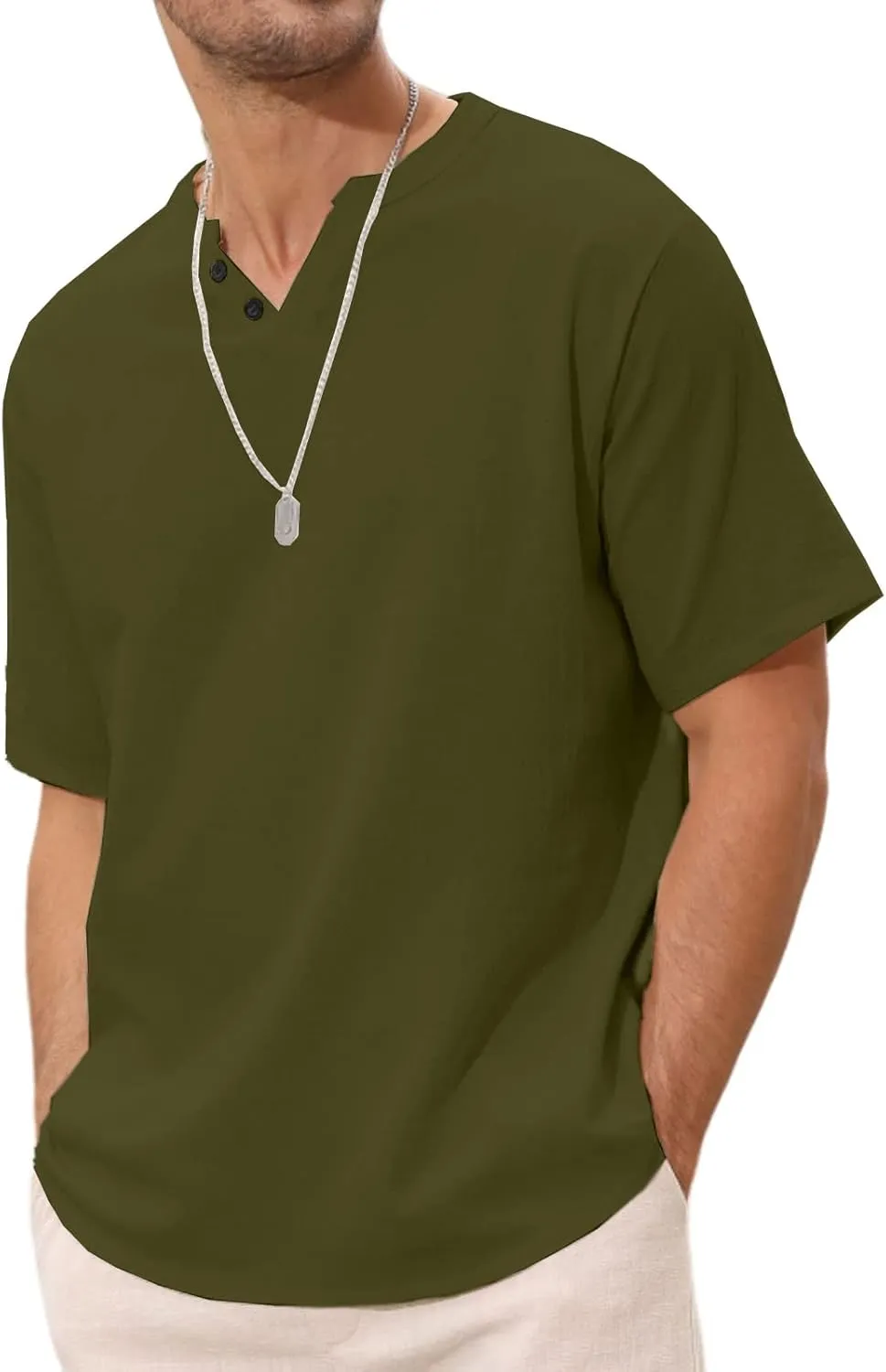 Angbater Men's Linen Shirt Short Beach Hippie T Shirts Casual Summer Lightweight Tropical Henley Shirts