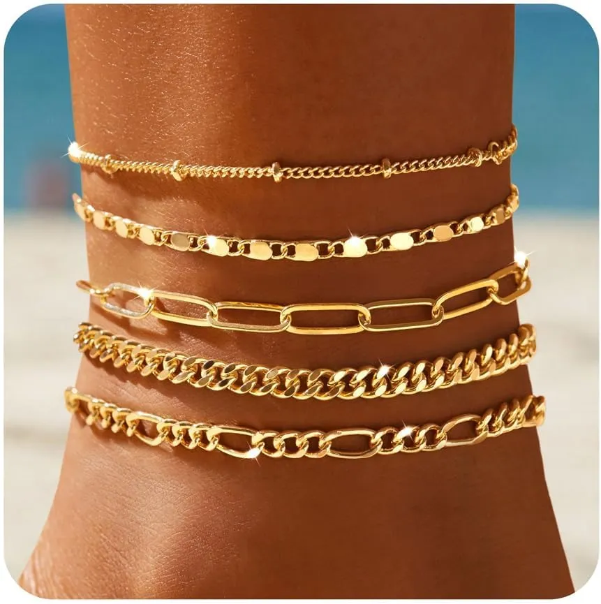Ankle Bracelets for Women, 14k Gold Jewelry Set Waterproof Layered Cuban Figaro Link Chain Anklets Set Gold Anklets Summer Boho Beach Jewelry Gift Adjustable Size