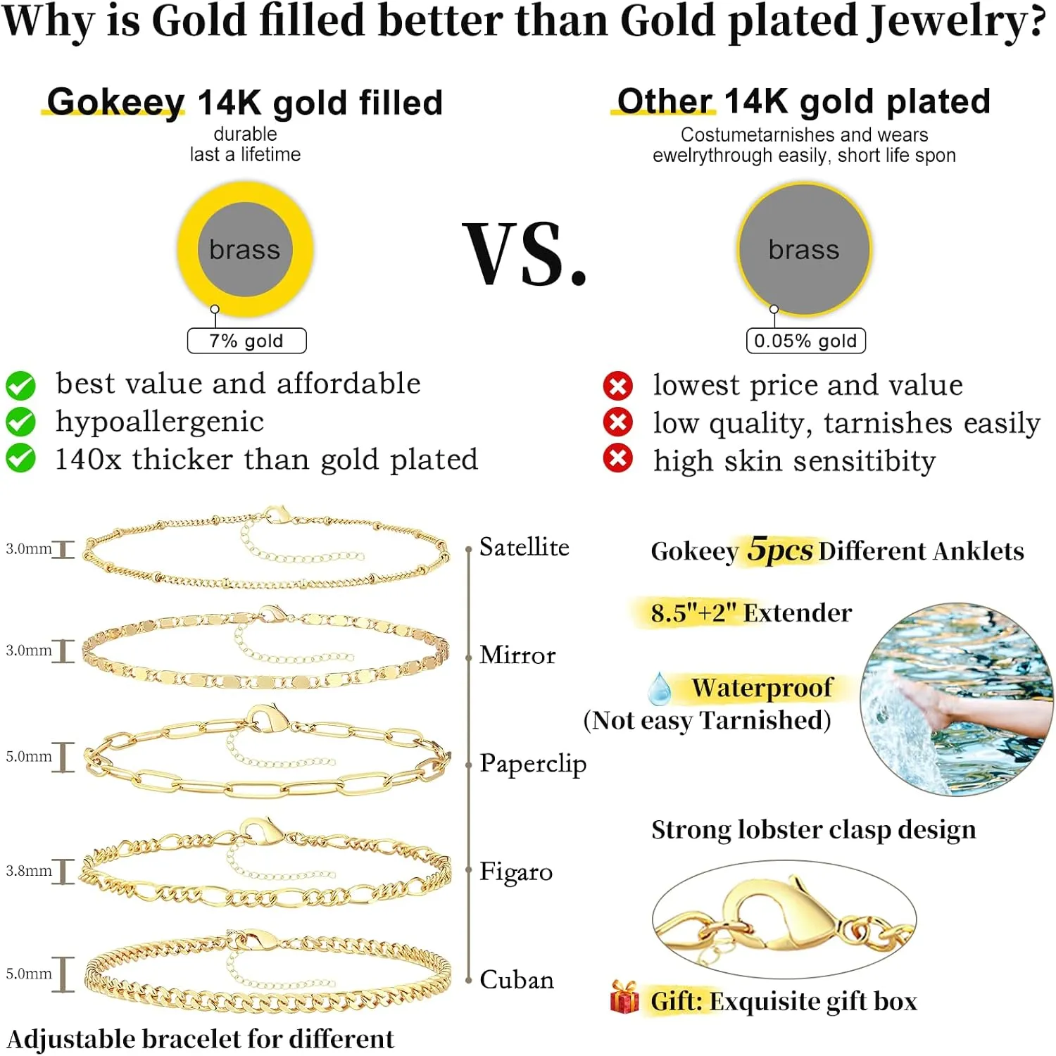 Ankle Bracelets for Women, 14k Gold Jewelry Set Waterproof Layered Cuban Figaro Link Chain Anklets Set Gold Anklets Summer Boho Beach Jewelry Gift Adjustable Size