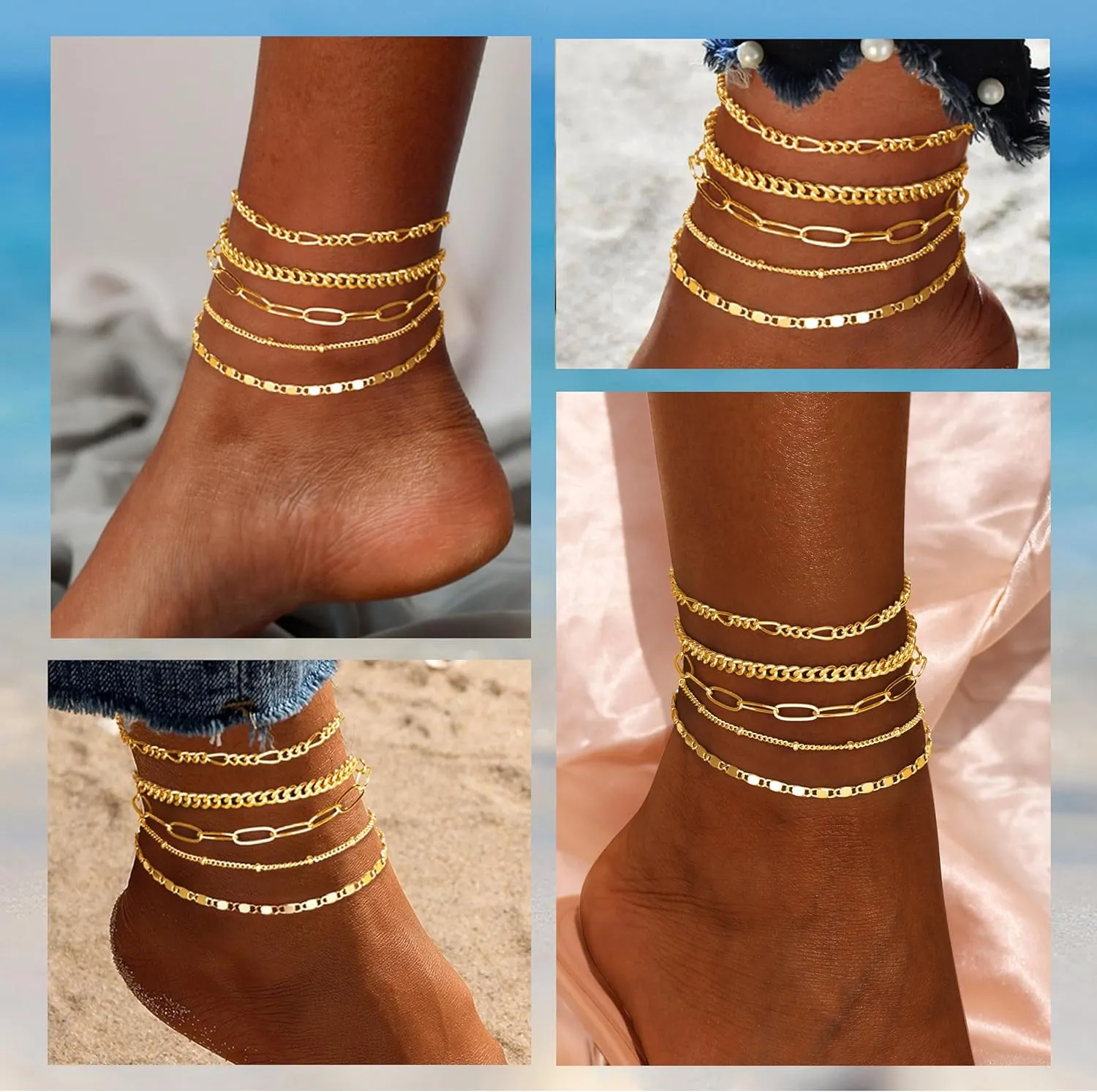 Ankle Bracelets for Women, 14k Gold Jewelry Set Waterproof Layered Cuban Figaro Link Chain Anklets Set Gold Anklets Summer Boho Beach Jewelry Gift Adjustable Size