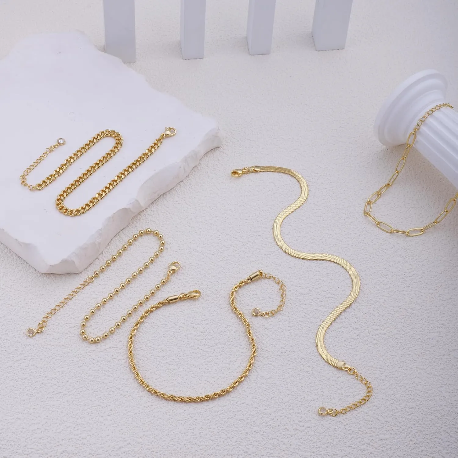 Ankle Bracelets for Women Girls Gold Stackable Anklets,14k Gold Plated Waterproof Layered Beads Herringbone Cuba Paper Clip Chain Figaro Link Anklets Set for Girls Jewelry Gifts Adjustable Size