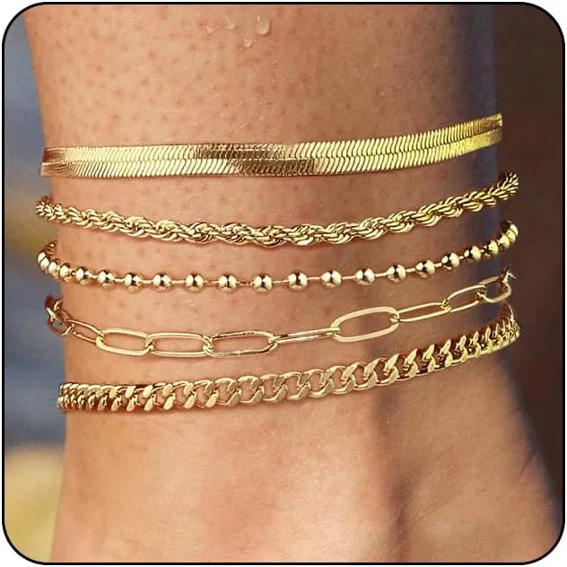 Ankle Bracelets for Women Girls Gold Stackable Anklets,14k Gold Plated Waterproof Layered Beads Herringbone Cuba Paper Clip Chain Figaro Link Anklets Set for Girls Jewelry Gifts Adjustable Size