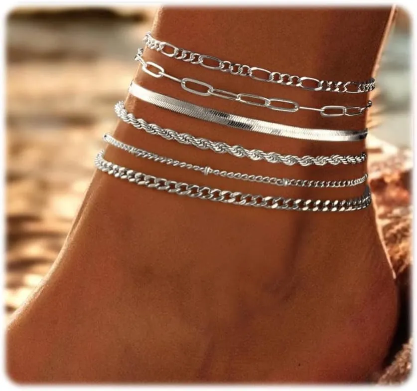 Ankle Bracelets for Women Girls Gold Stackable Anklets,14k Gold Plated Waterproof Layered Beads Herringbone Cuba Paper Clip Chain Figaro Link Anklets Set for Girls Jewelry Gifts Adjustable Size