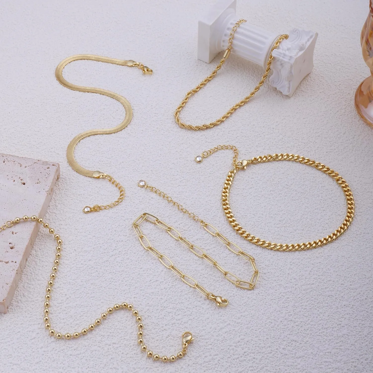 Ankle Bracelets for Women Girls Gold Stackable Anklets,14k Gold Plated Waterproof Layered Beads Herringbone Cuba Paper Clip Chain Figaro Link Anklets Set for Girls Jewelry Gifts Adjustable Size