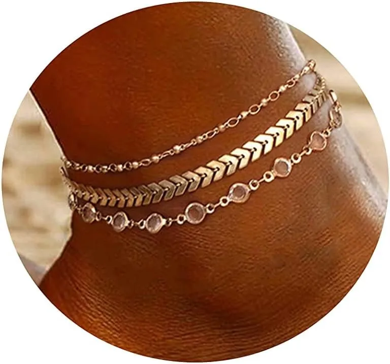 Ankle Bracelets for Women Girls Gold Stackable Anklets,14k Gold Plated Waterproof Layered Beads Herringbone Cuba Paper Clip Chain Figaro Link Anklets Set for Girls Jewelry Gifts Adjustable Size