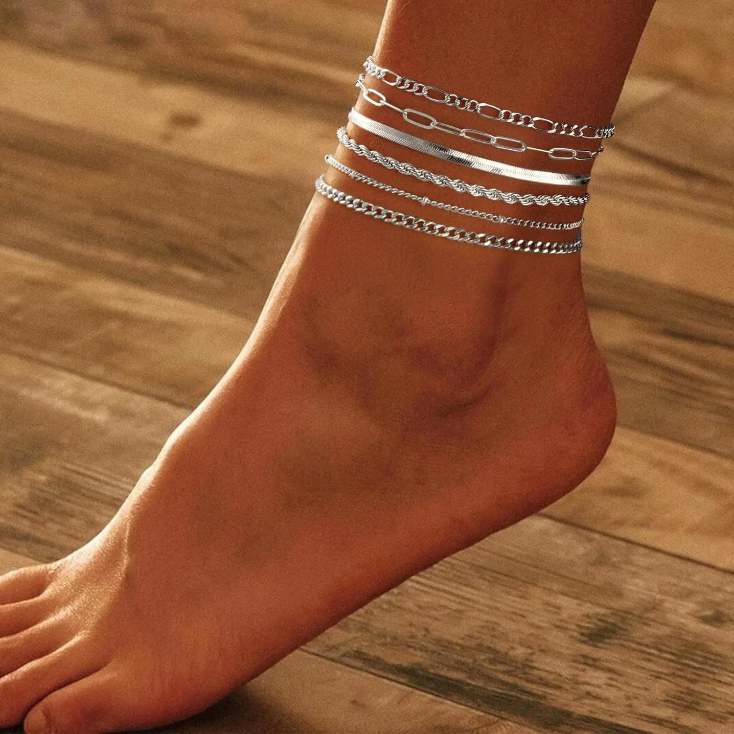 Ankle Bracelets for Women Girls Gold Stackable Anklets,14k Gold Plated Waterproof Layered Beads Herringbone Cuba Paper Clip Chain Figaro Link Anklets Set for Girls Jewelry Gifts Adjustable Size