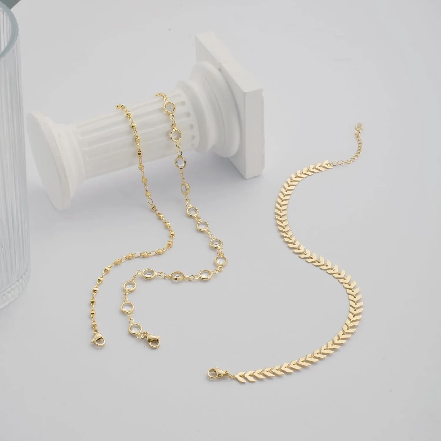 Ankle Bracelets for Women Girls Gold Stackable Anklets,14k Gold Plated Waterproof Layered Beads Herringbone Cuba Paper Clip Chain Figaro Link Anklets Set for Girls Jewelry Gifts Adjustable Size
