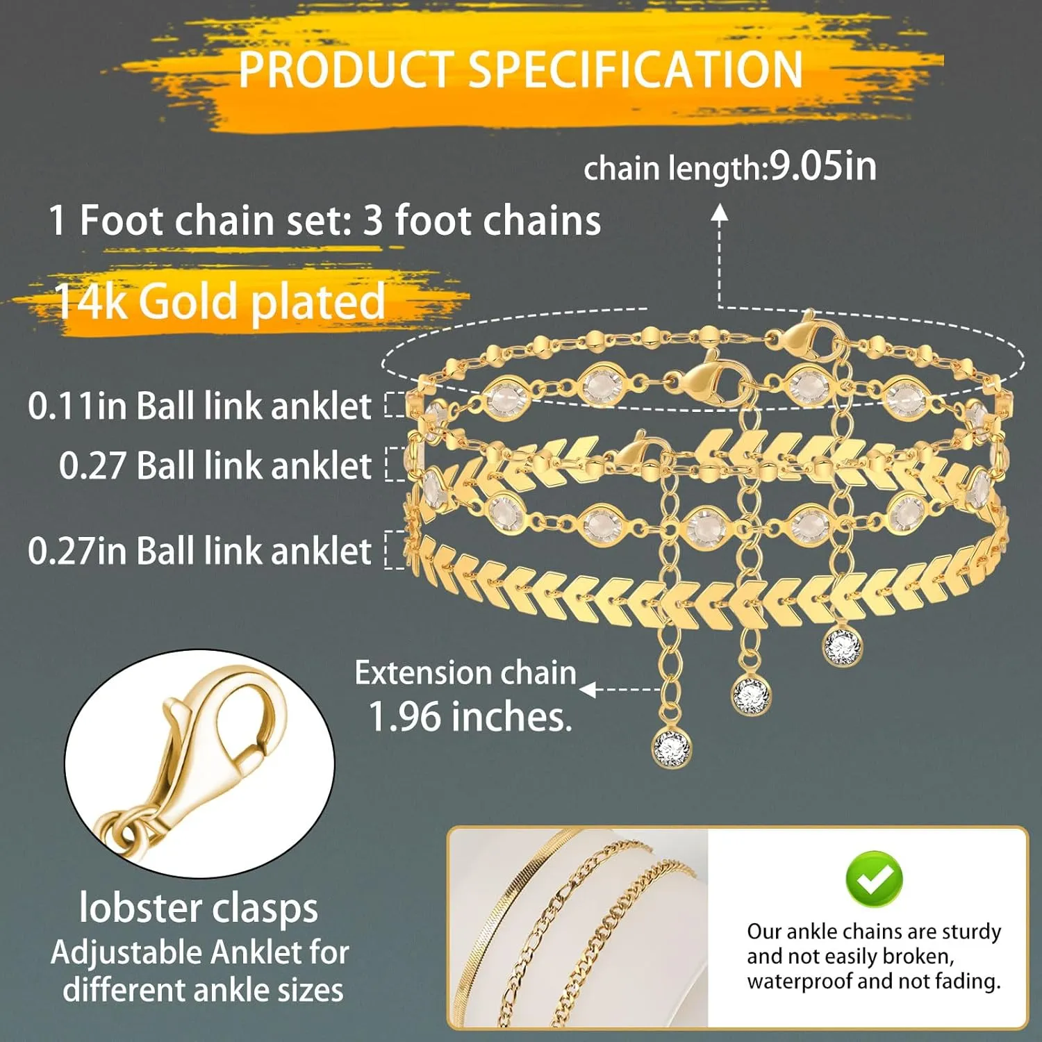 Ankle Bracelets for Women Girls Gold Stackable Anklets,14k Gold Plated Waterproof Layered Beads Herringbone Cuba Paper Clip Chain Figaro Link Anklets Set for Girls Jewelry Gifts Adjustable Size