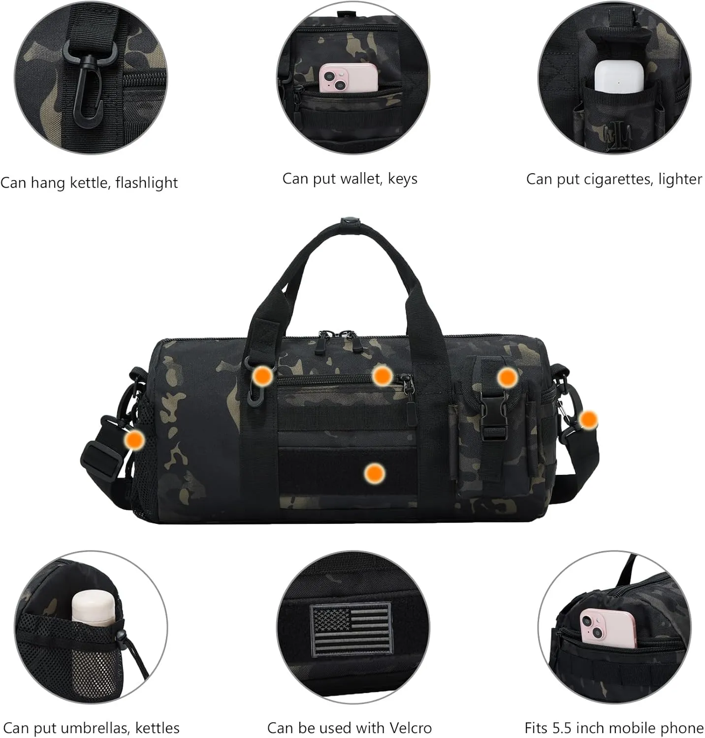 ArcEnCiel Small Tactical Duffle Bag Men Gym Pack Military Molle Shoulder Bags Shoes Storage Sports Handbag with Patch (Black Camo)