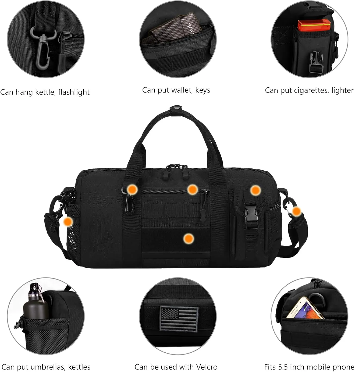 ArcEnCiel Small Tactical Duffle Bag Men Gym Pack Military Molle Shoulder Bags Shoes Storage Sports Handbag with Patch (Black)