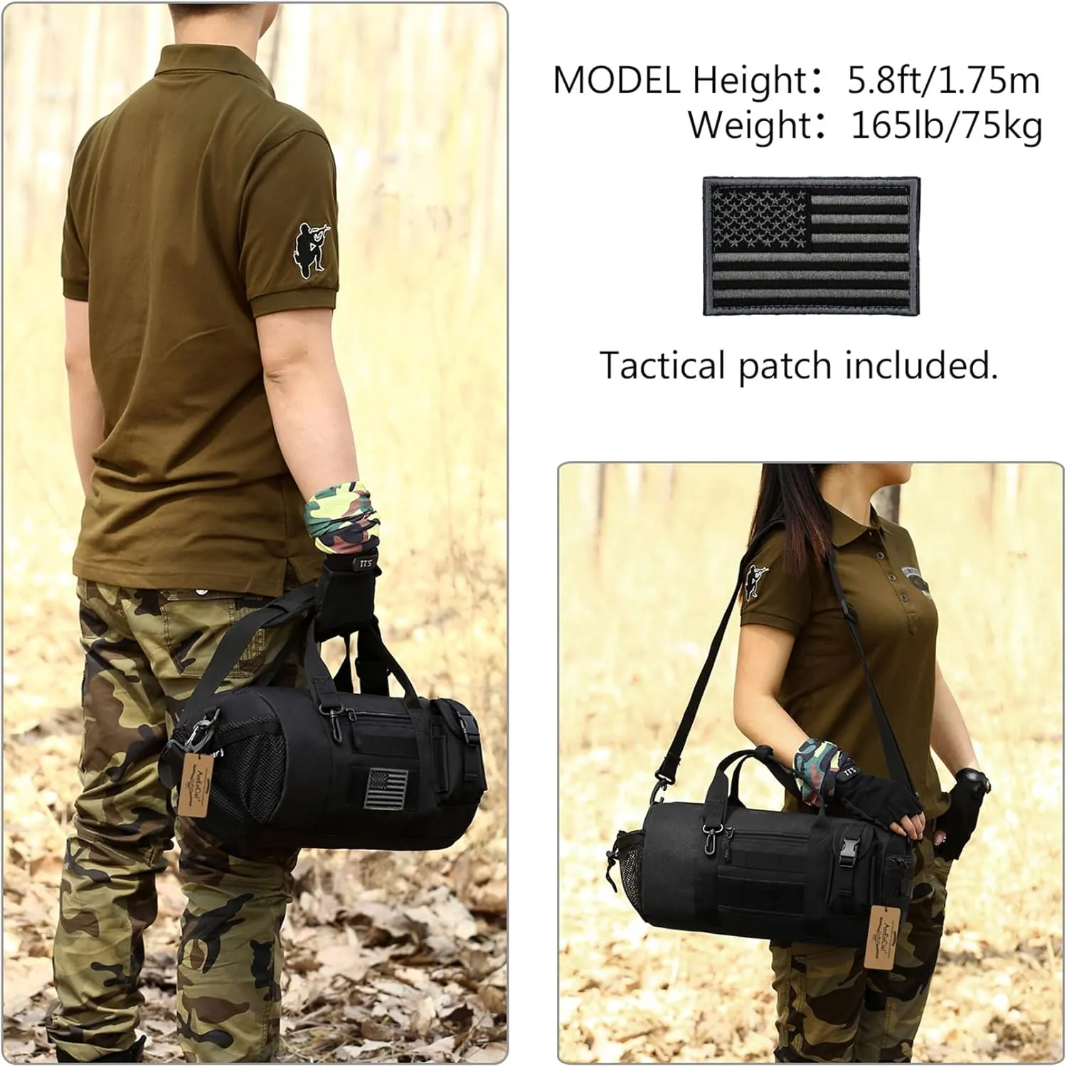 ArcEnCiel Small Tactical Duffle Bag Men Gym Pack Military Molle Shoulder Bags Shoes Storage Sports Handbag with Patch (Black)