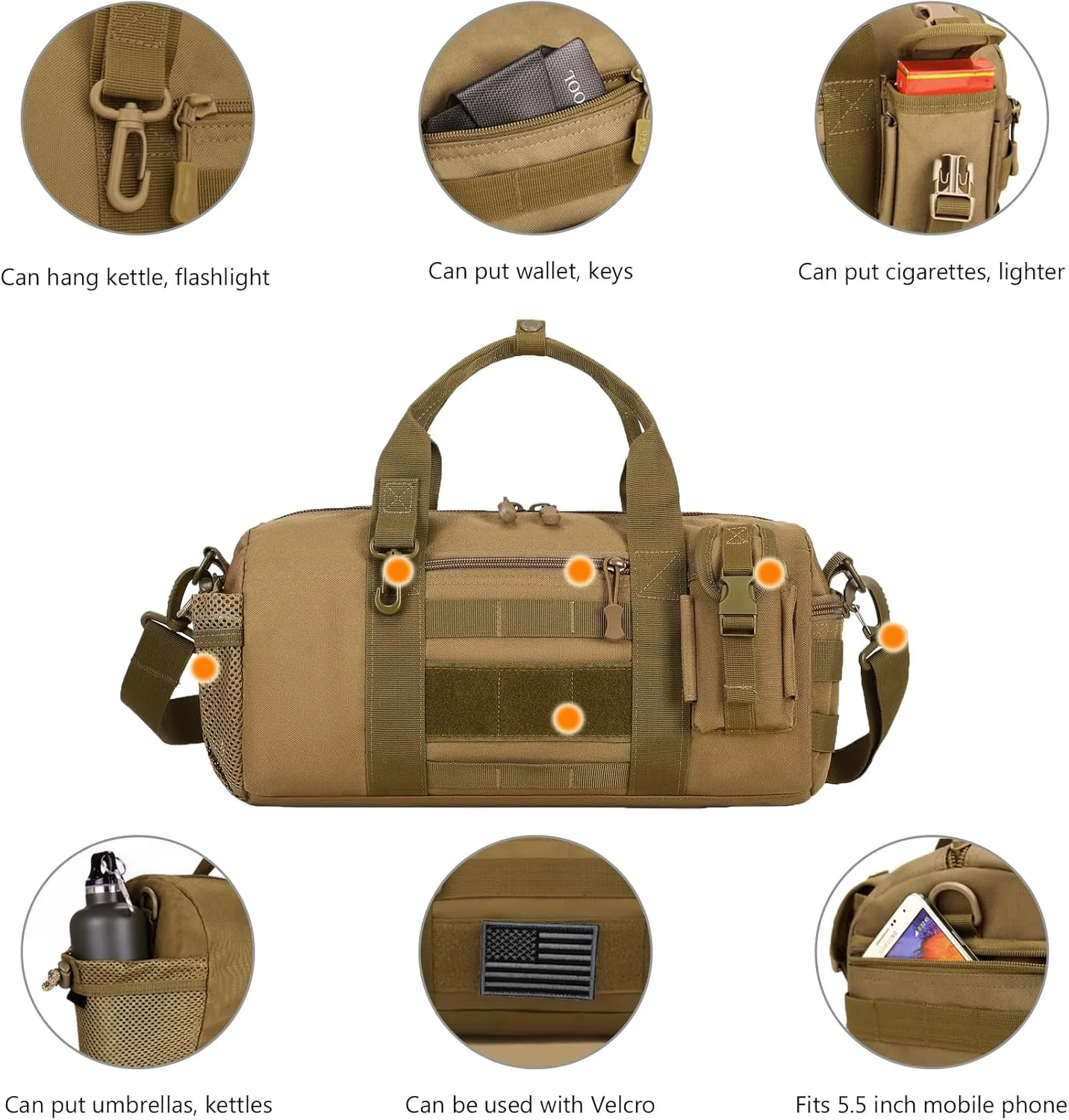 ArcEnCiel Small Tactical Duffle Bag Men Gym Pack Military Molle Shoulder Bags Shoes Storage Sports Handbag with Patch (Coyote Brown)