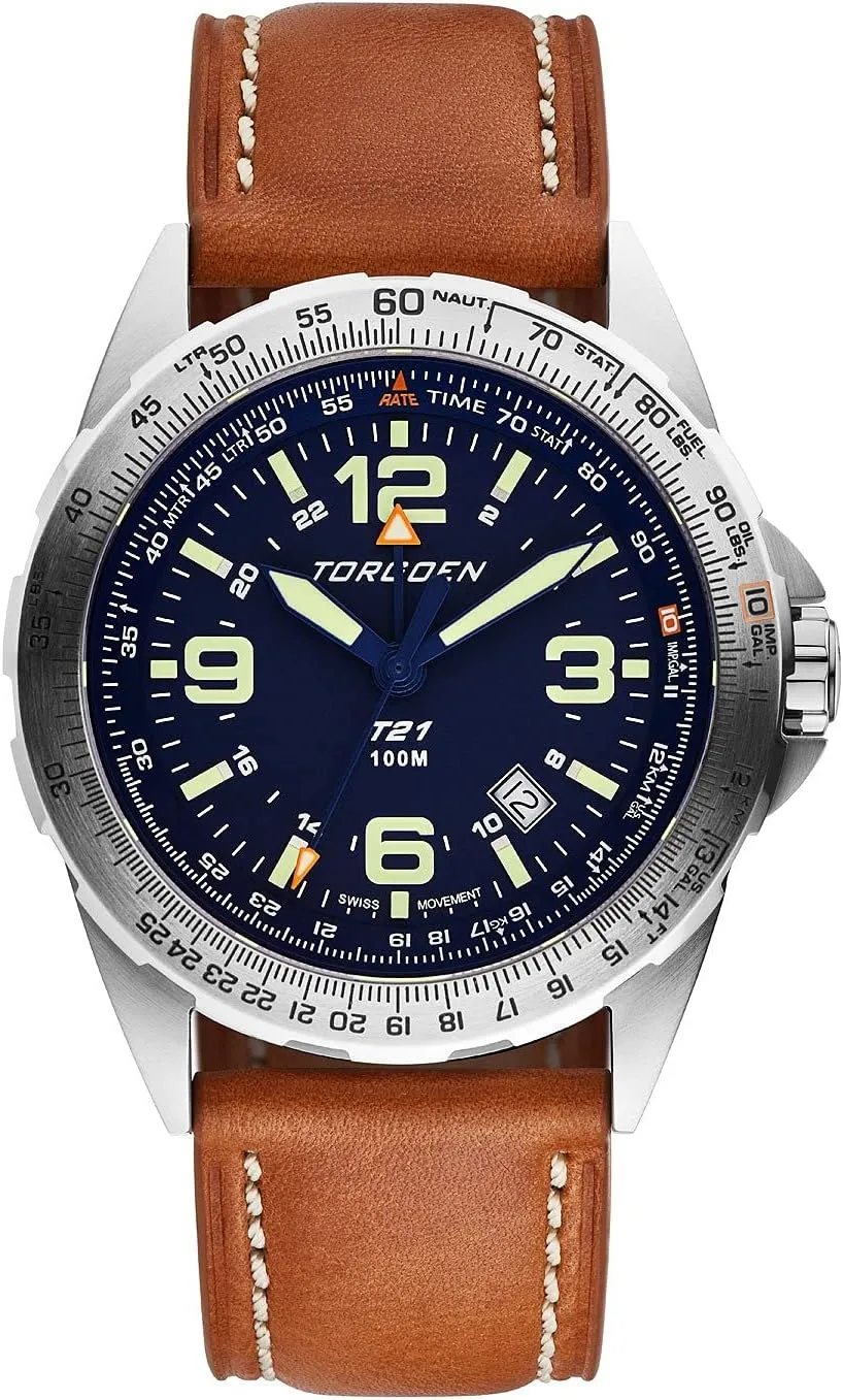 Armitron Torgoen T21 GMT Pilot Watch for Men, Swiss Quartz, Sapphire Crystal with Vintage Leather Strap