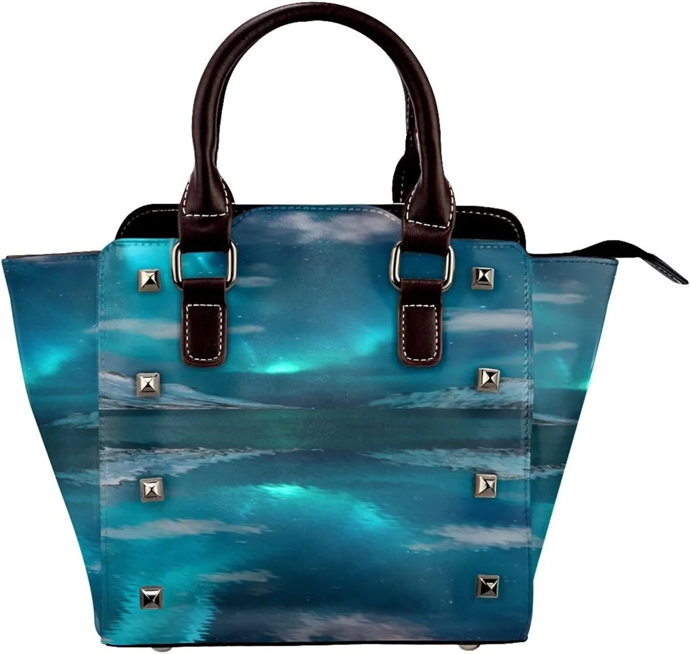 Aurora Borealis Northern Women Leather Handbag Rivet Shoulder Bag Top Handle Satchel Purse
