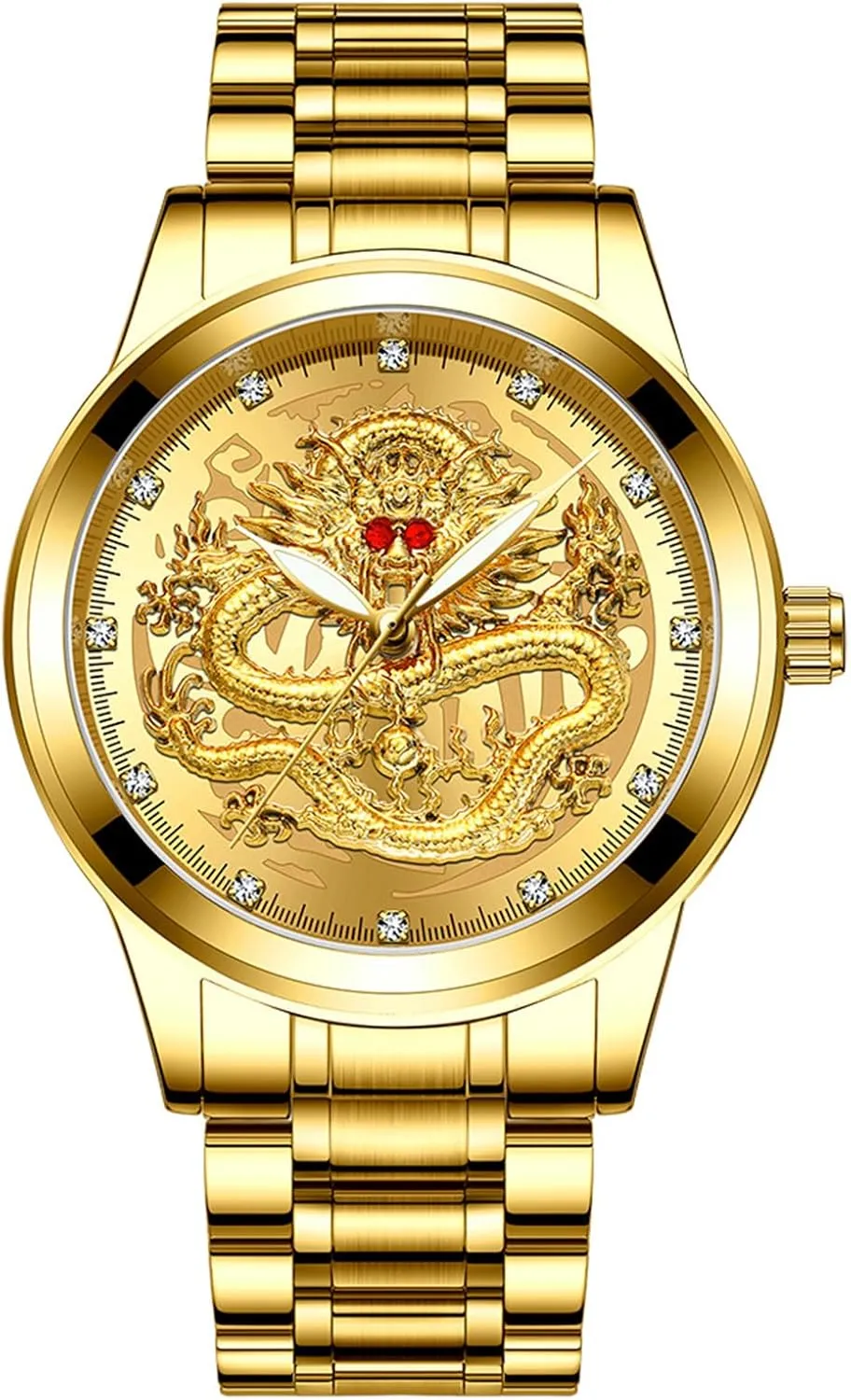 Avaner Men's Stainless Steel Wristwatch Engraved Dragon Dial Analog Quartz Watches with Luminous Hands