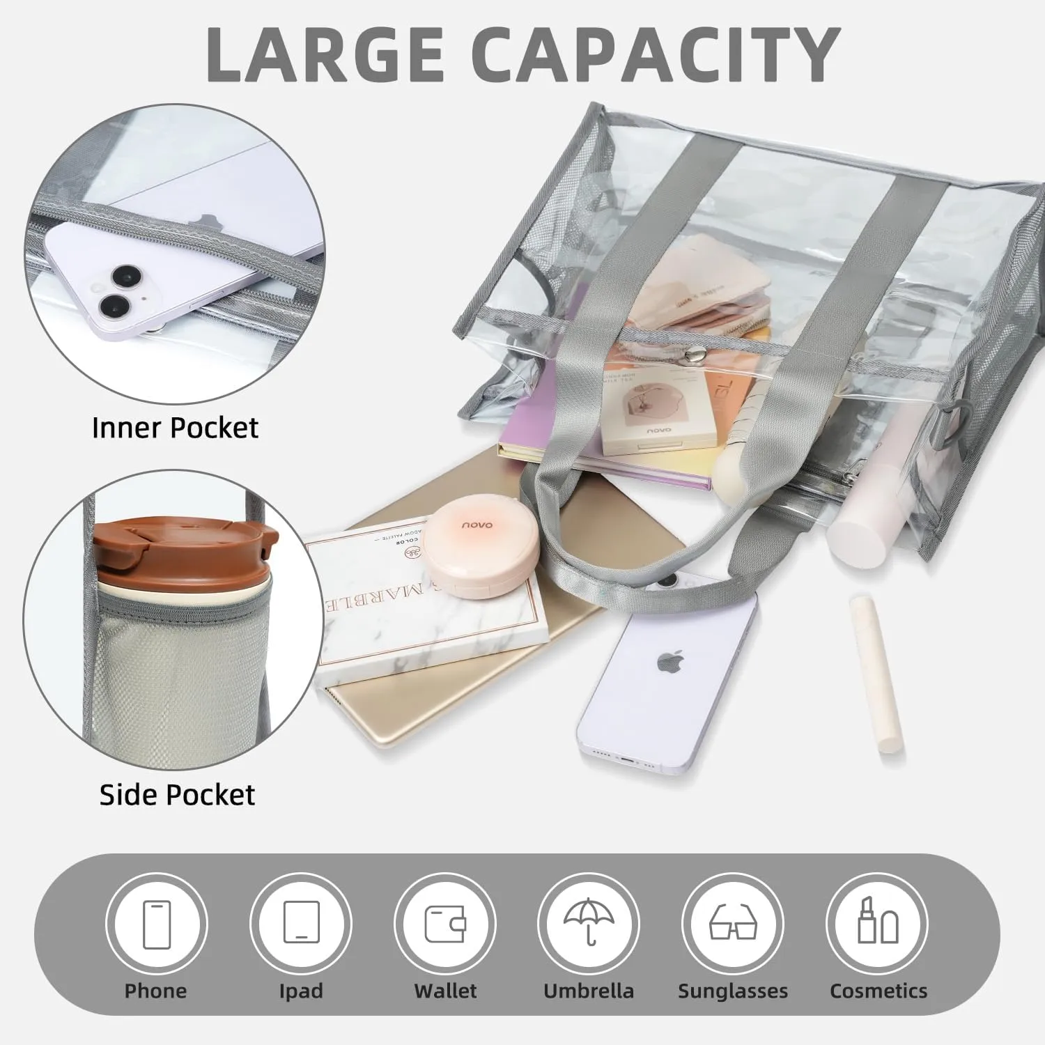 BAGAIL Clear Bag, Stadium Approved Clear Tote Bag with Inner Pocket, Transparent Travel Bag for Sports Event, Concert, Work