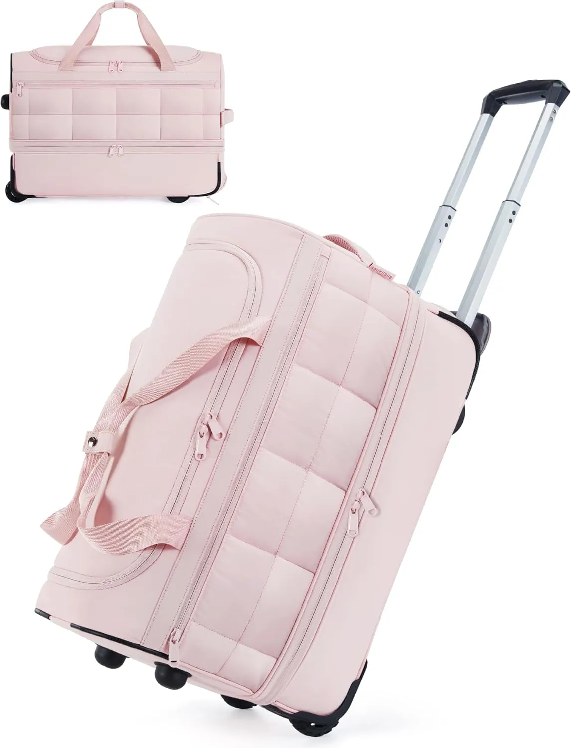 BAGSMART 40L Rolling Duffle Bag with Wheels and Handle, TSA Underseat Carry On Bags for Travel with Shoe Compartment, Pink
