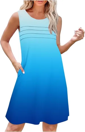 Beach Dress for Women Casual Sleeveless Gradient Color Sundress Loose Fit Round Neck Pleated Vacation Dresses