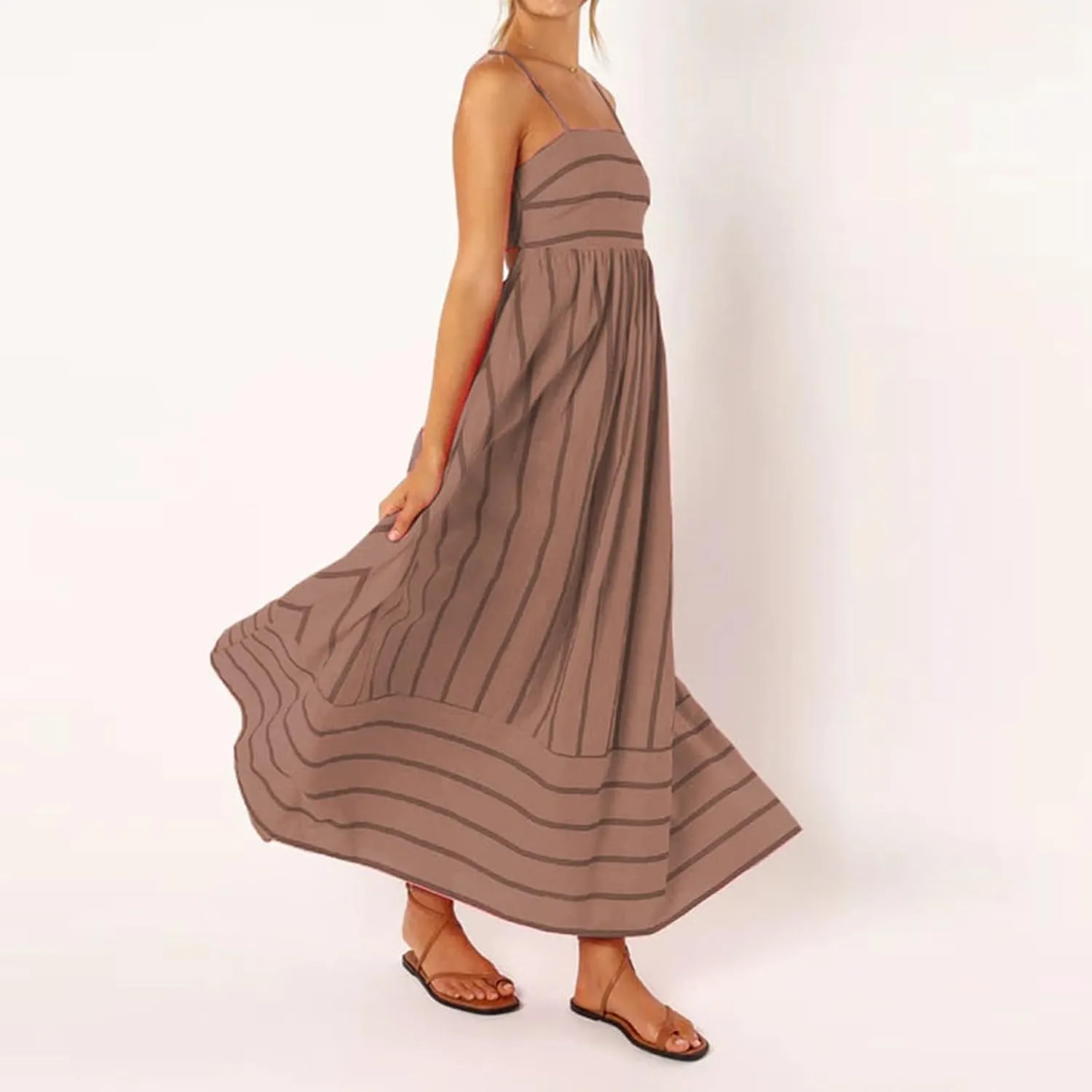 Beach Dresses for Women Summer Striped Back Smocked Maxi Dress Spaghetti Strap Cut Out Flowy A Line Long Sundresses