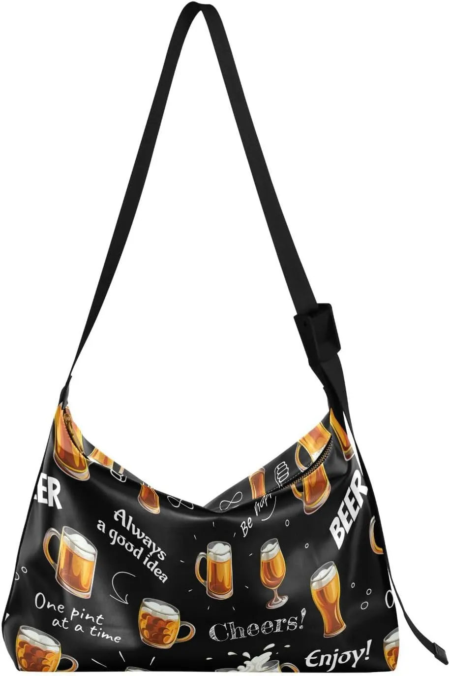 Beer and Texts Hobo Crossbody Bags for Women Leather Large Shoulder Bag Cross Body Trendy Womens Tote Bags Handbag for Travel Shopping