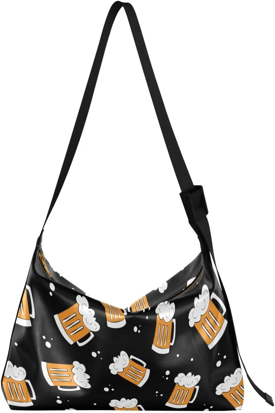Beer Mugs on Black Hobo Crossbody Bags for Women Leather Large Shoulder Bag Cross Body Trendy Womens Tote Bags Handbag for Travel Shopping