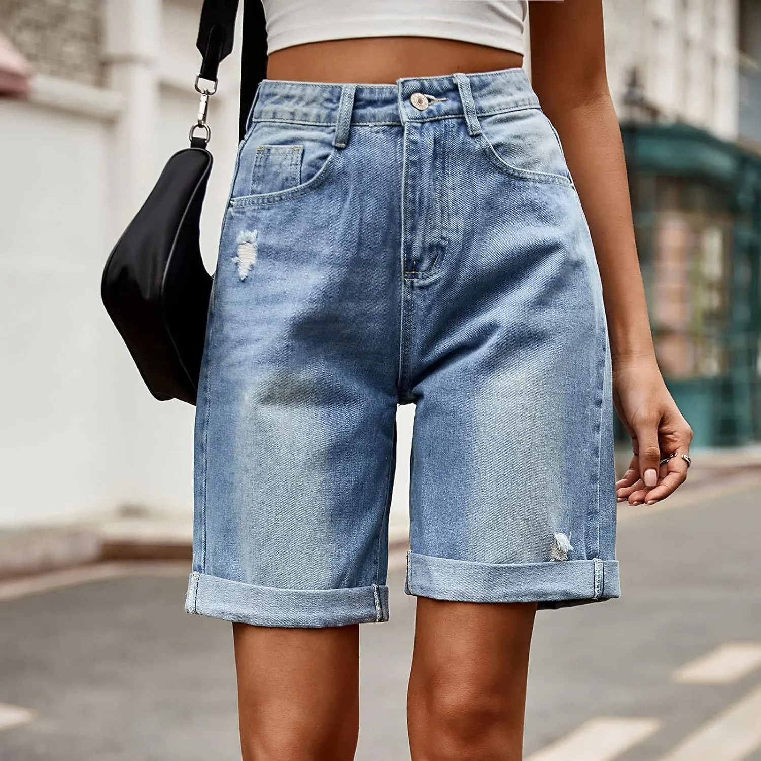 Bermuda Jean Shorts for Women Button High Waisted Trendy Stretchy Knee Length Cutoff Denim Jorts with Pockets