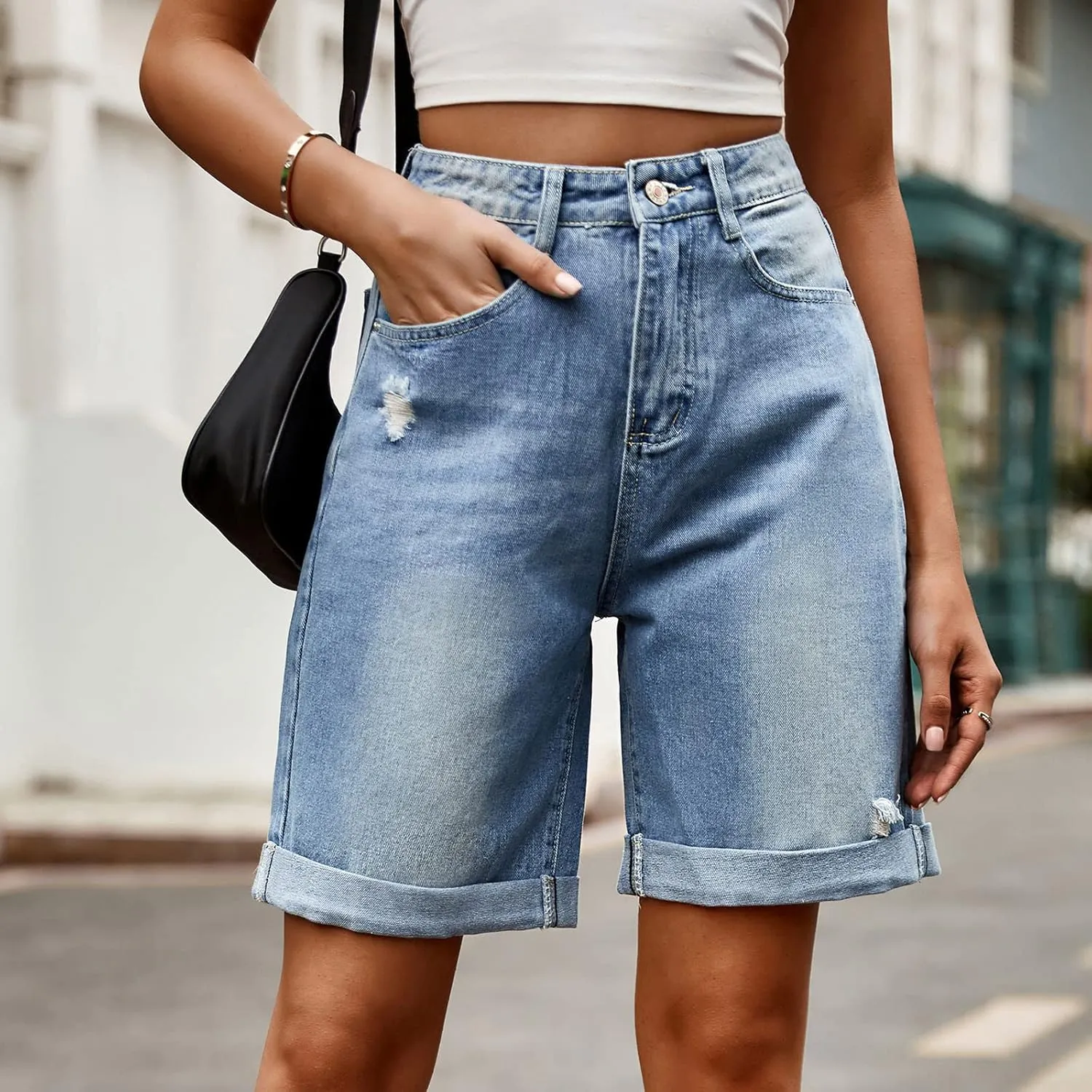 Bermuda Jean Shorts for Women Button High Waisted Trendy Stretchy Knee Length Cutoff Denim Jorts with Pockets