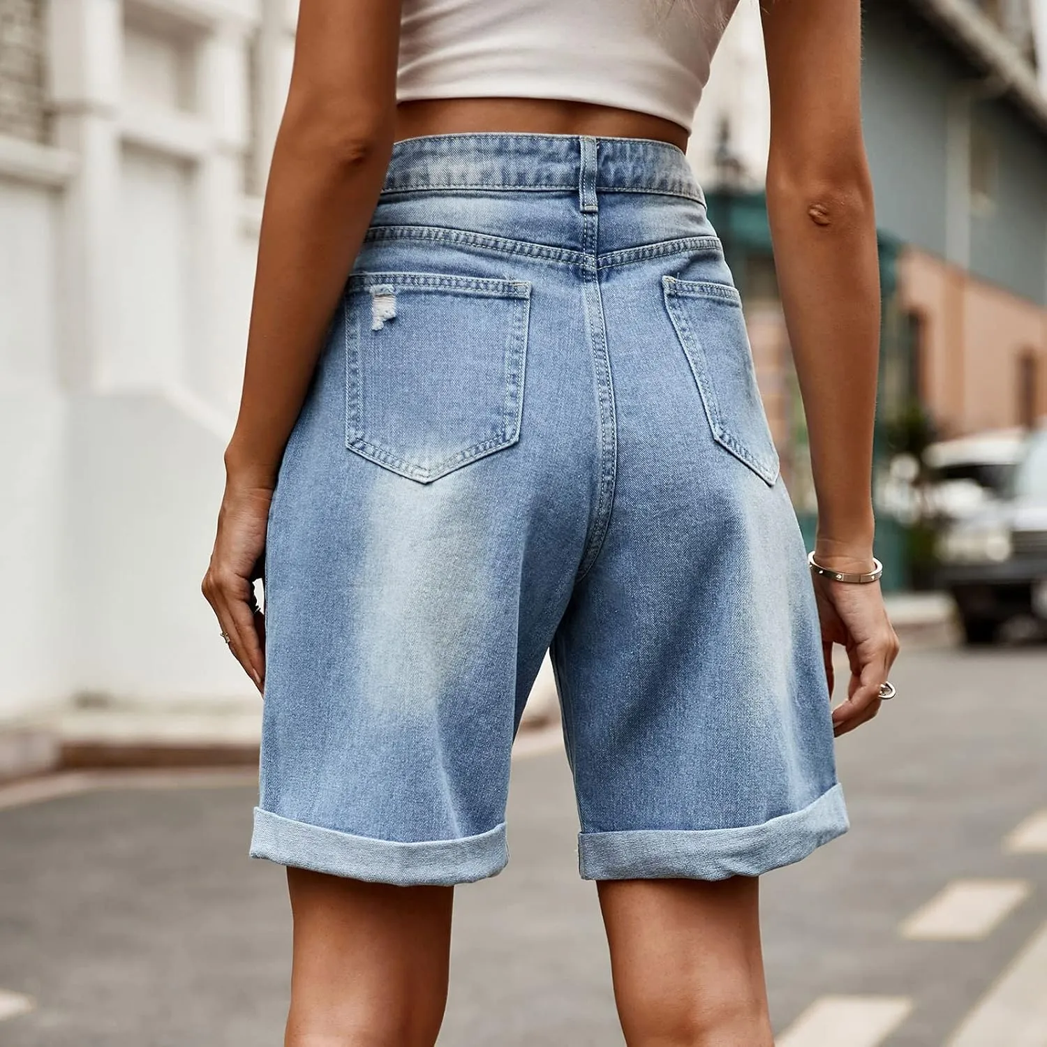 Bermuda Jean Shorts for Women Button High Waisted Trendy Stretchy Knee Length Cutoff Denim Jorts with Pockets