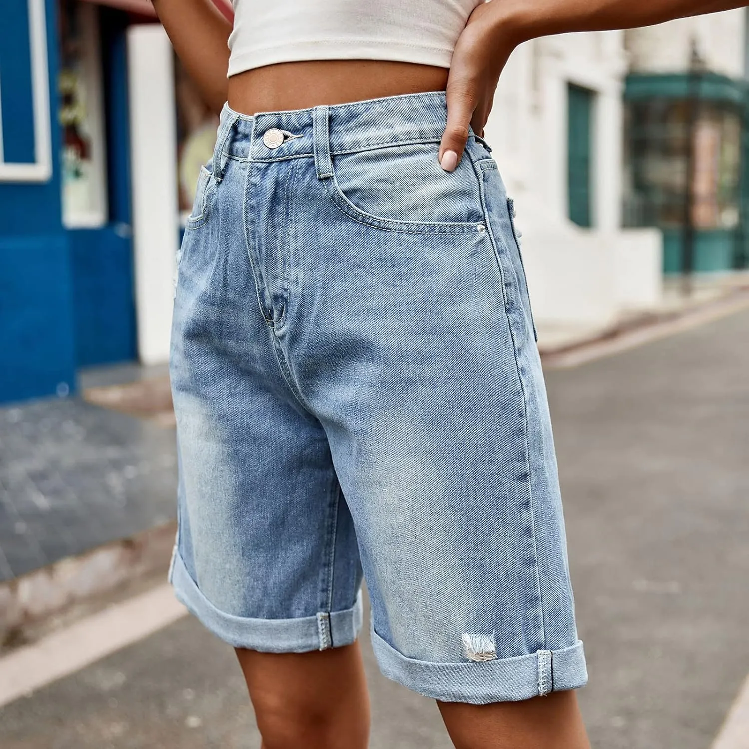 Bermuda Jean Shorts for Women Button High Waisted Trendy Stretchy Knee Length Cutoff Denim Jorts with Pockets