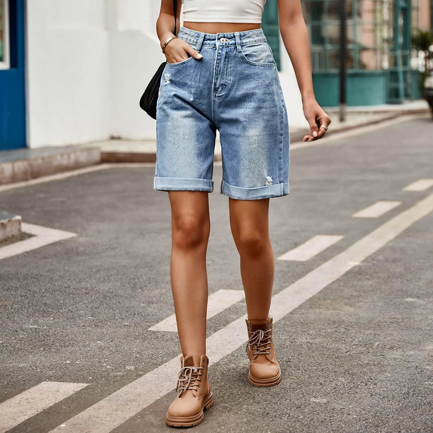 Bermuda Jean Shorts for Women Button High Waisted Trendy Stretchy Knee Length Cutoff Denim Jorts with Pockets