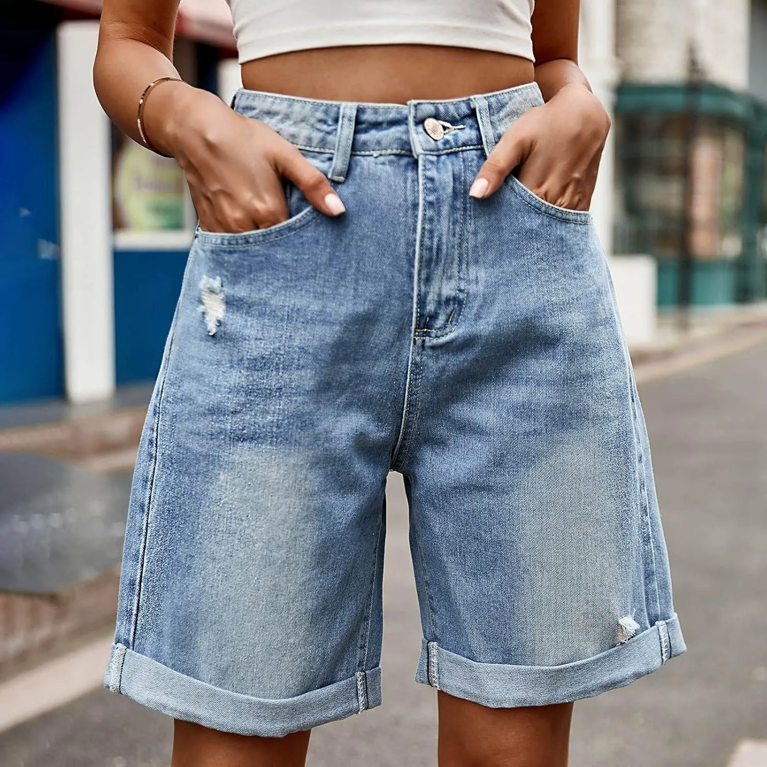 Bermuda Jean Shorts for Women Button High Waisted Trendy Stretchy Knee Length Cutoff Denim Jorts with Pockets