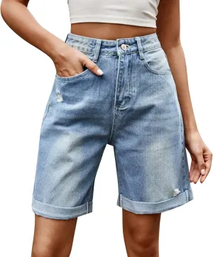 Bermuda Jean Shorts for Women Button High Waisted Trendy Stretchy Knee Length Cutoff Denim Jorts with Pockets