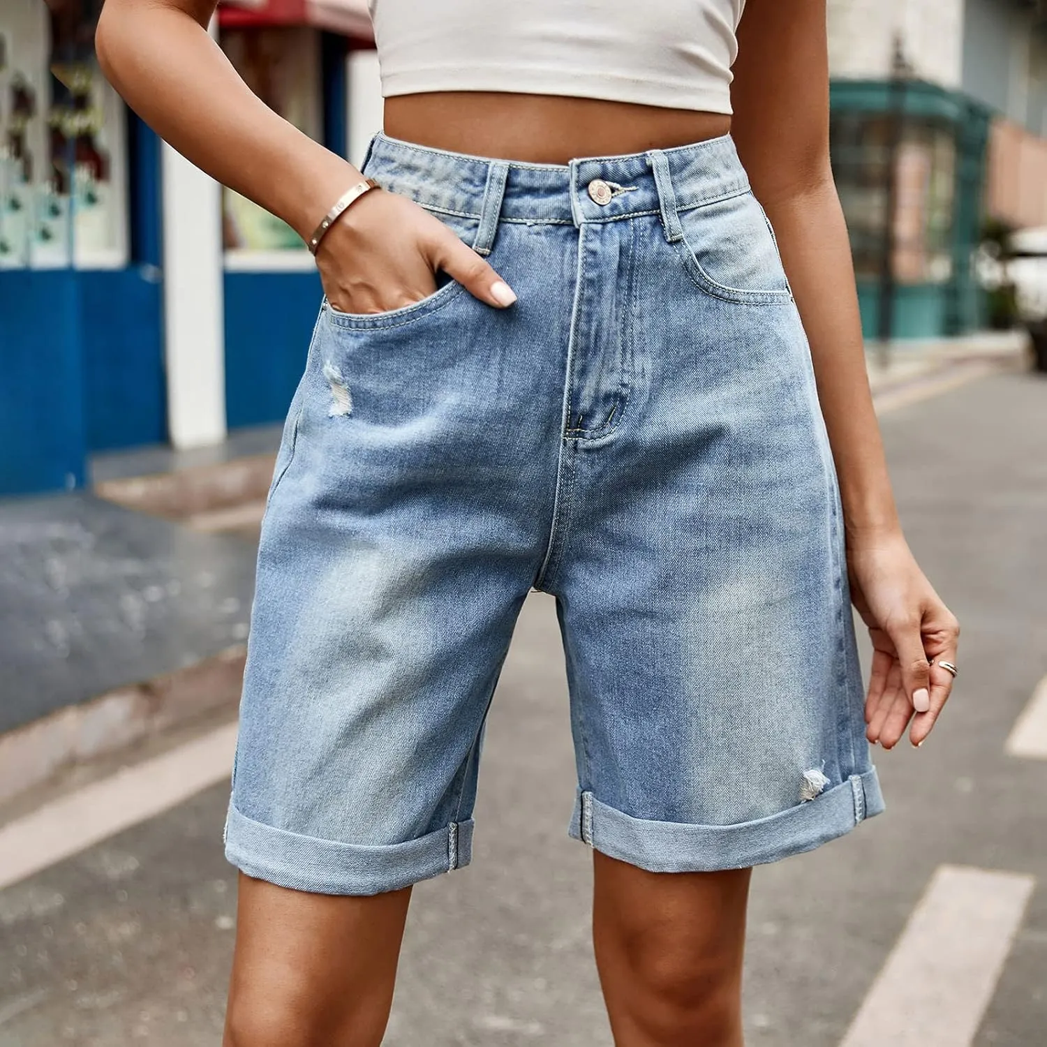 Bermuda Jean Shorts for Women Button High Waisted Trendy Stretchy Knee Length Cutoff Denim Jorts with Pockets