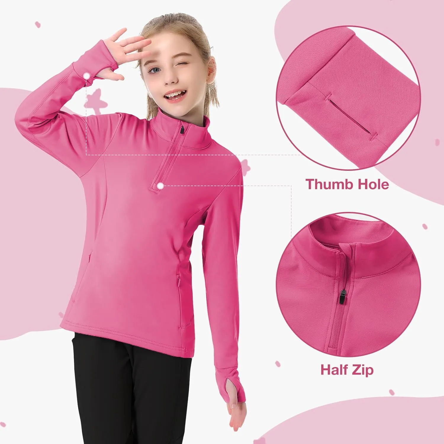 beroy Girls Fleece Long Sleeve Shirts Half Zip Equestrain Shirt Thermal Kids Horse Riding Shirts Thumbhole Pockets