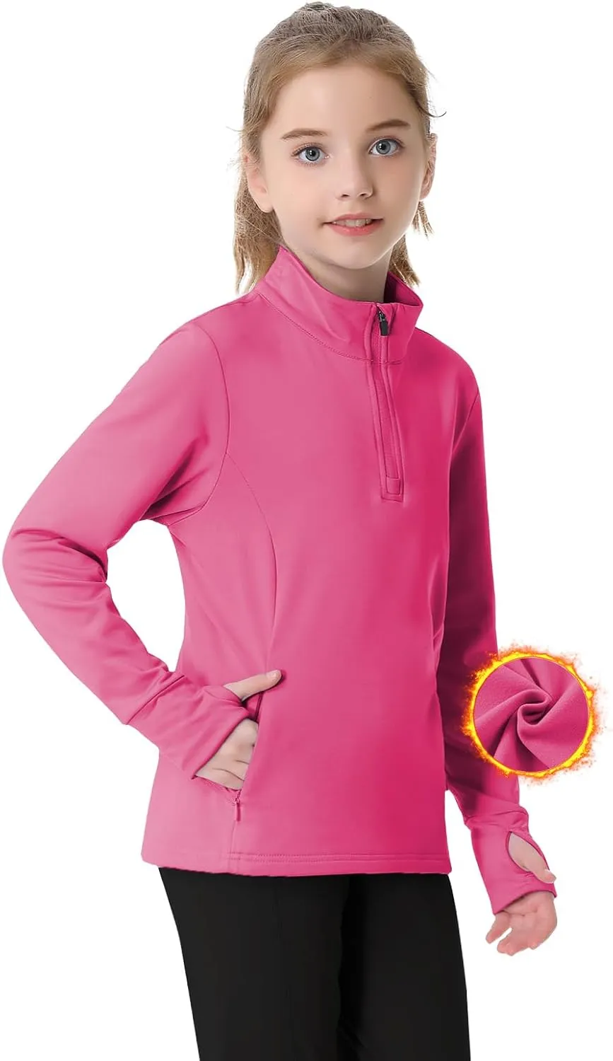 beroy Girls Fleece Long Sleeve Shirts Half Zip Equestrain Shirt Thermal Kids Horse Riding Shirts Thumbhole Pockets