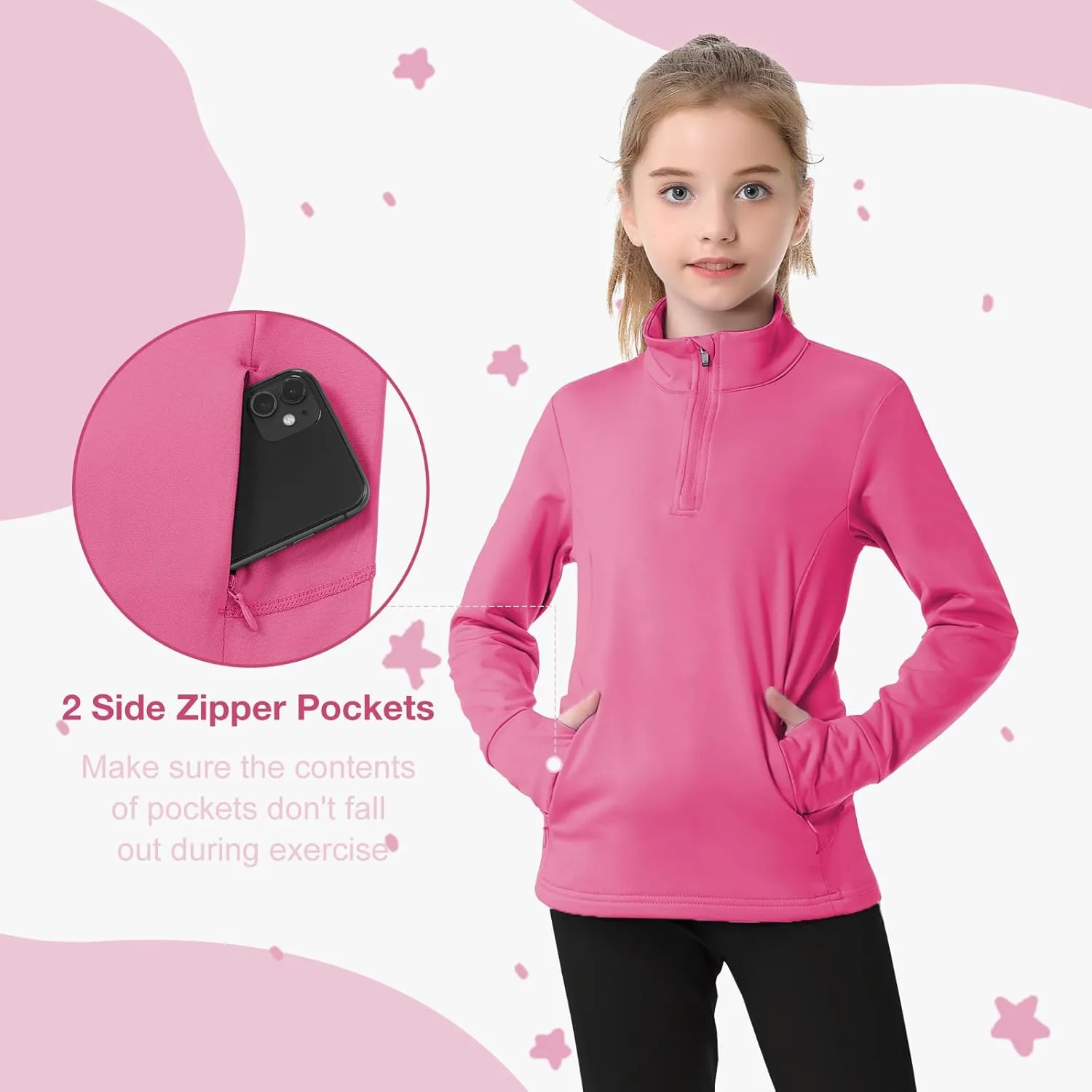 beroy Girls Fleece Long Sleeve Shirts Half Zip Equestrain Shirt Thermal Kids Horse Riding Shirts Thumbhole Pockets