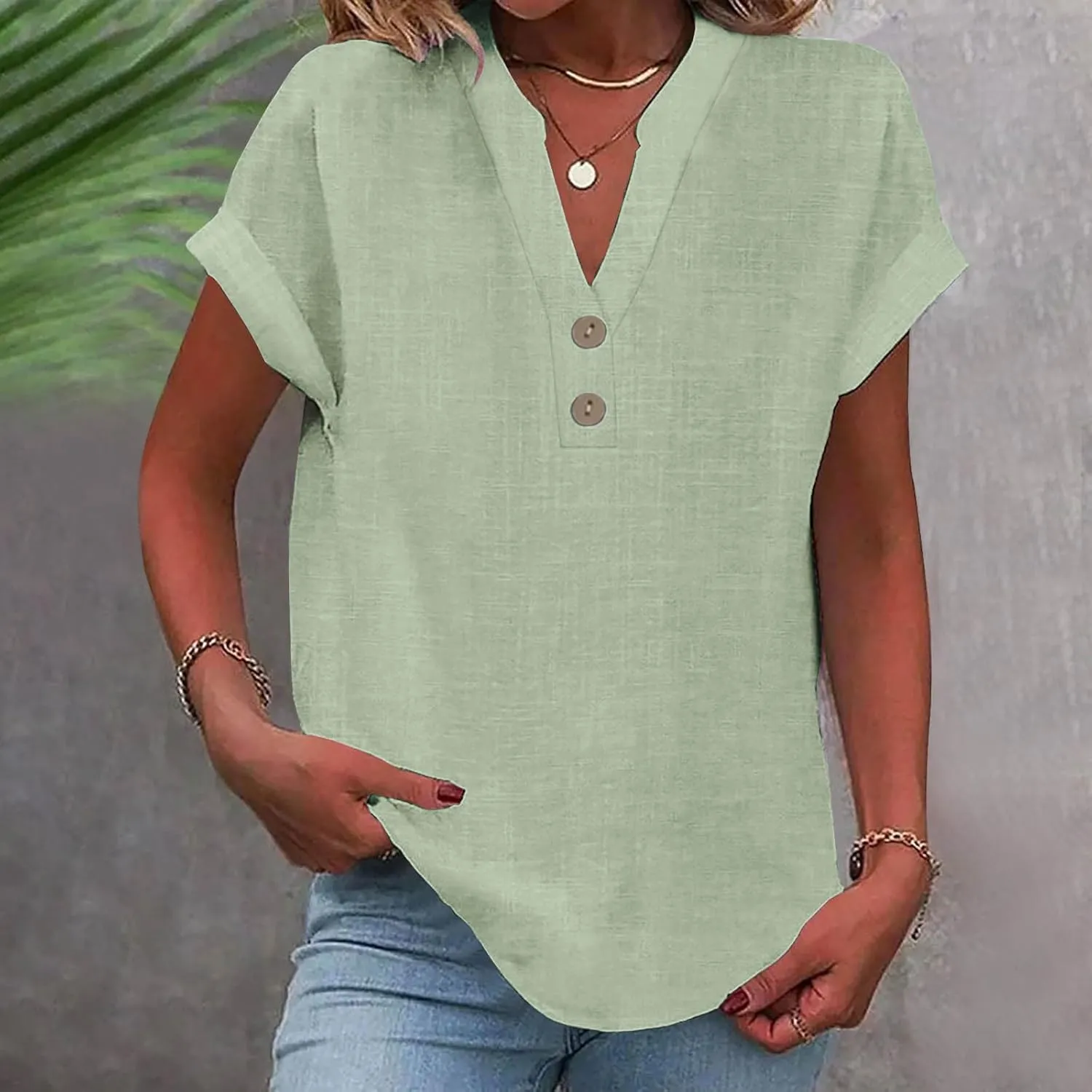 Binmer Half Button Linen Tops for Womens Oversized Short Sleeve V Neck Shirts Loose Fit Tunic Blouse Casual Summer Tee