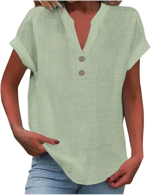 Binmer Half Button Linen Tops for Womens Oversized Short Sleeve V Neck Shirts Loose Fit Tunic Blouse Casual Summer Tee