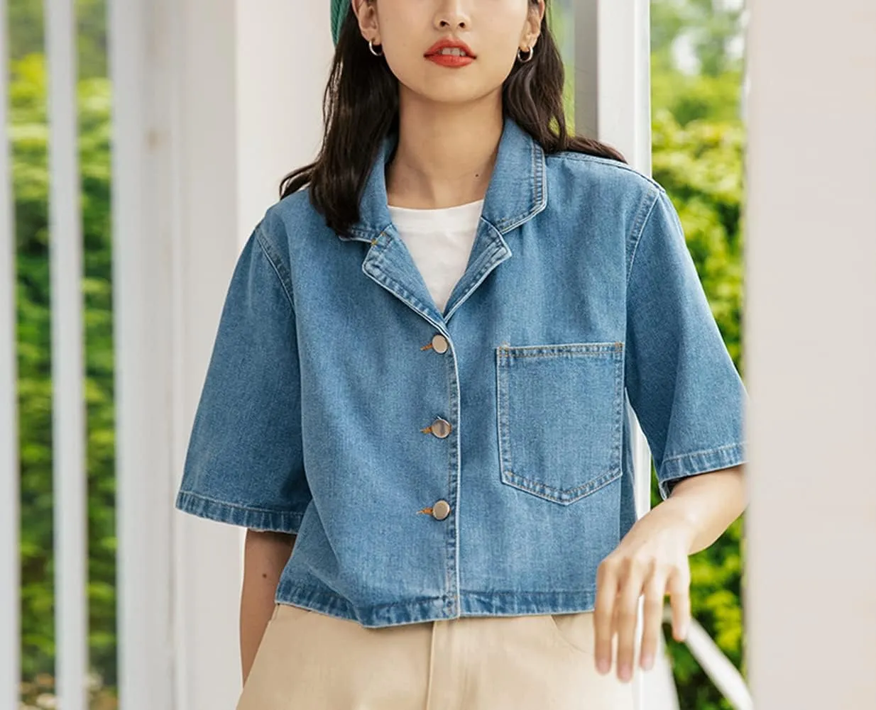 BireFire2015 Women's Shawl Neck Short Sleeve Denim Jacket Short Jeans Summer Shawl