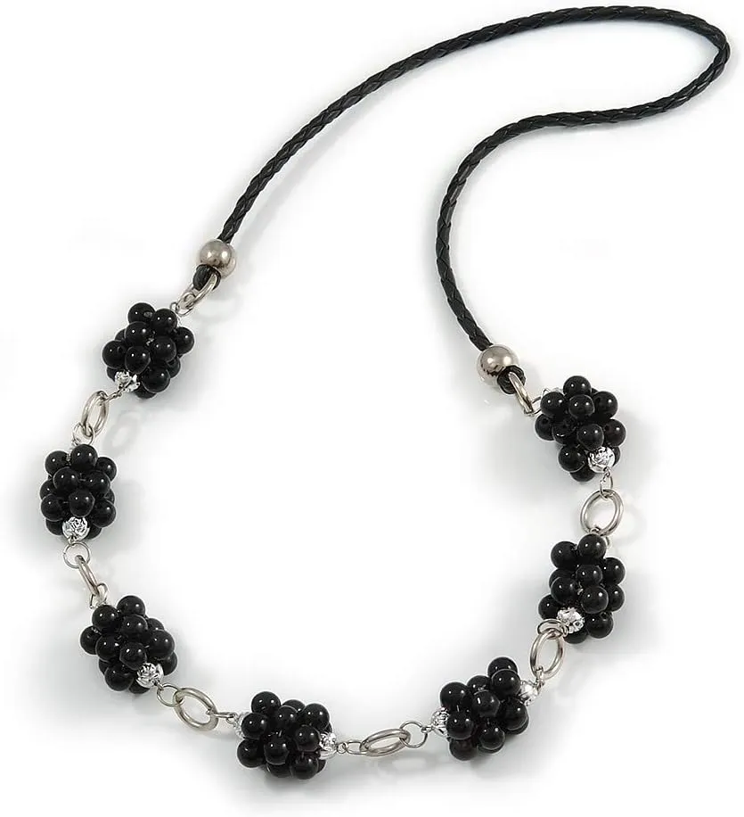 Black Ceramic Cluster Bead with Silver Link Faux Leather Cord Necklace - 76cm L