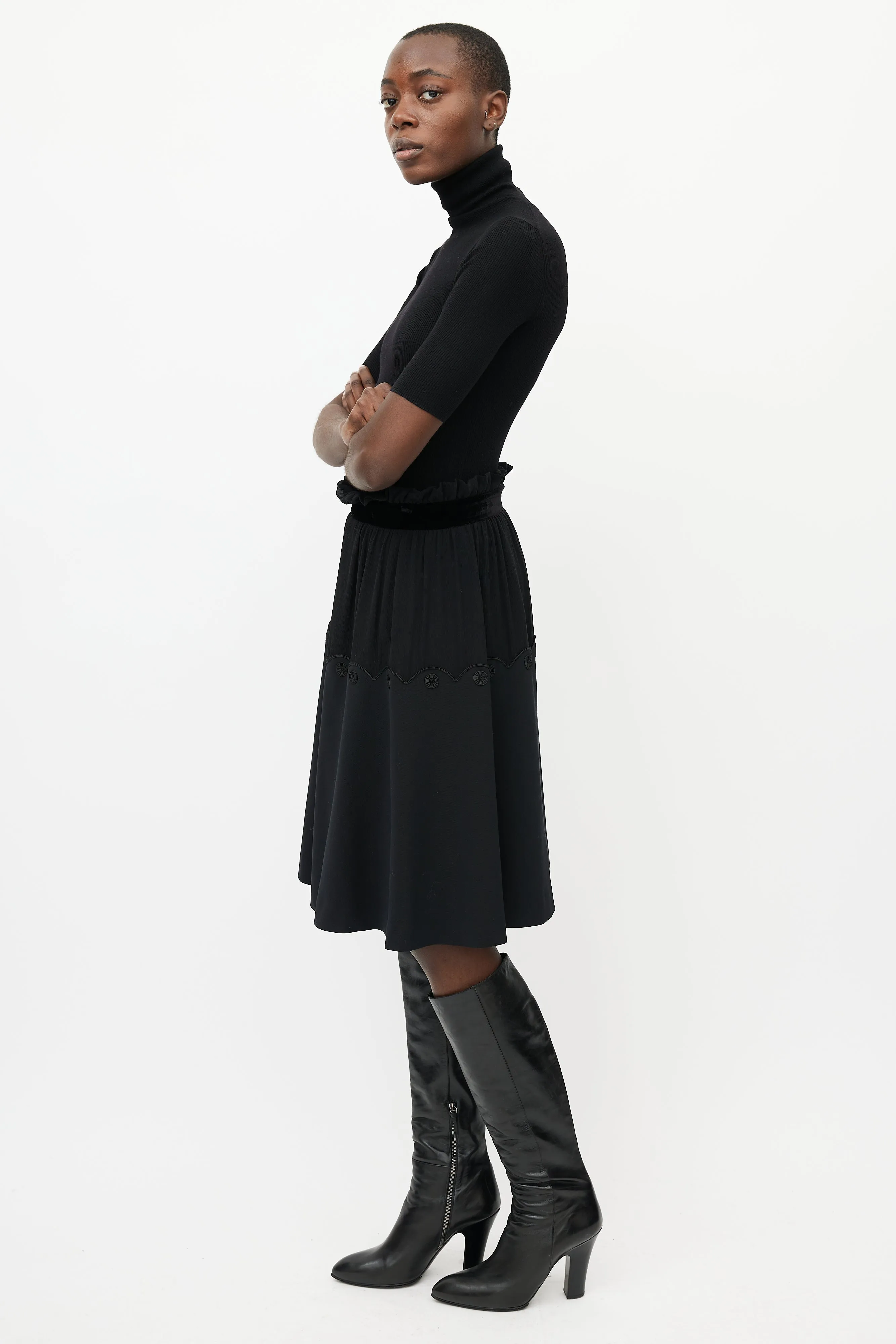Black Silk A-Line Midi Skirt